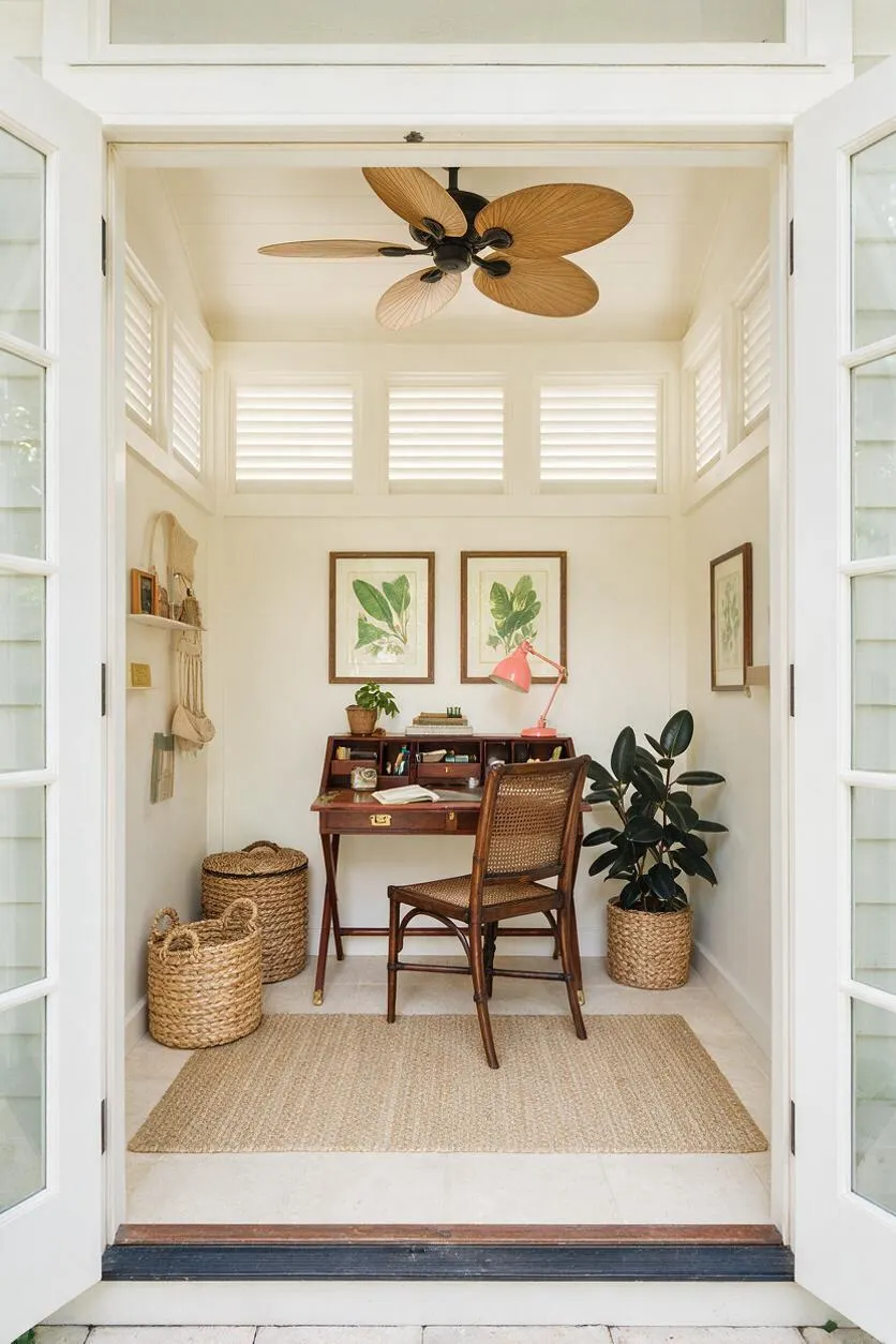 A small tropical-inspired backyard office with white walls and French doors, a dark wood writing desk, a woven cane chair, and a large leaf-style ceiling fan. Woven baskets, framed botanical art, a jute rug, and potted plants create a relaxed, airy workspace.