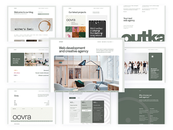 A collage of web design templates showcasing various pages from the Outkast theme for modern agencies.