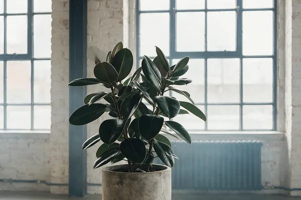 A potted ficus with dark glossy leaves stands in front of large steel-framed factory windows in a bright industrial loft. Exposed white brick walls, a dark vertical beam, and a radiator add to the raw, utilitarian look.