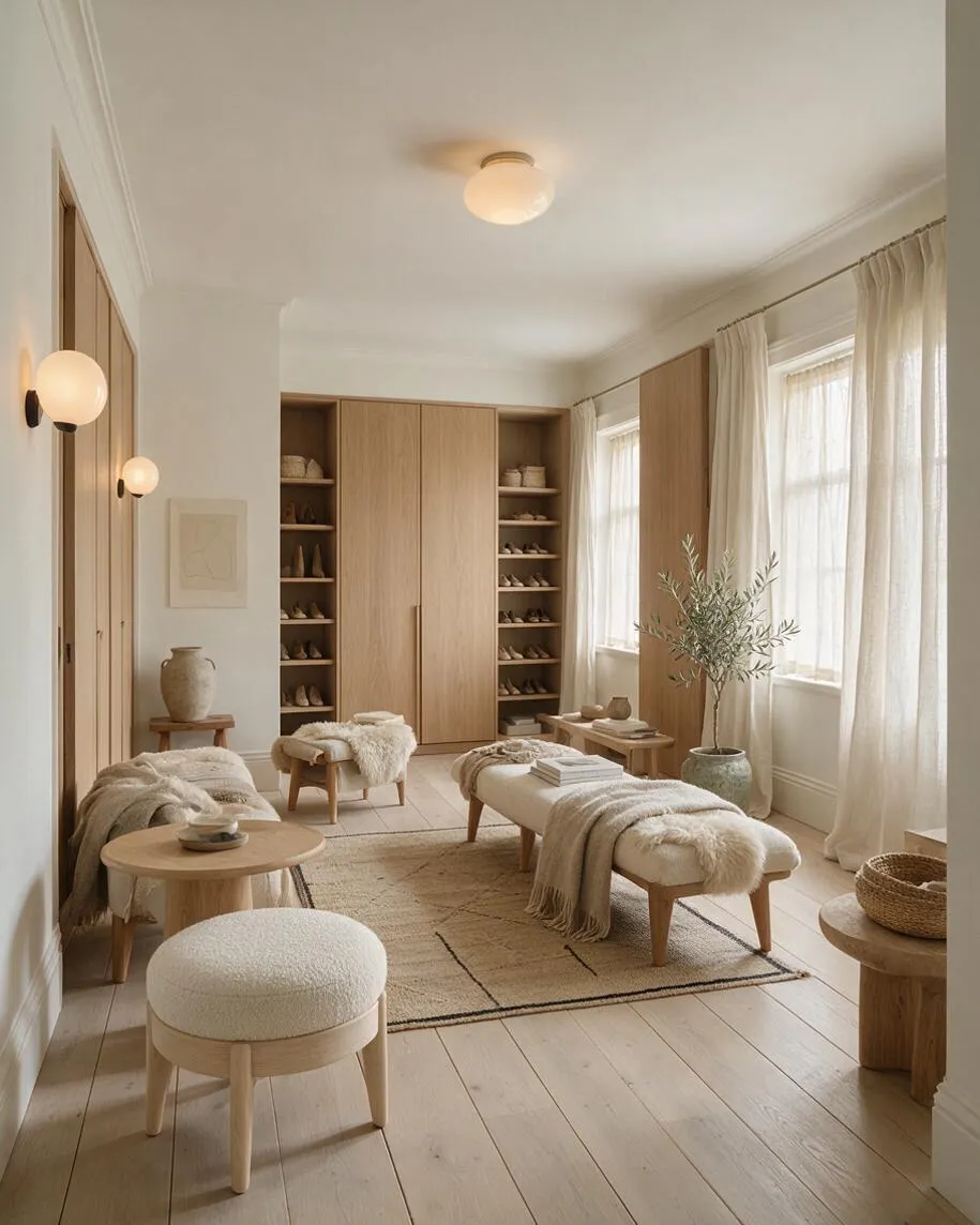 A bright Scandinavian-style closet with built-in oak wardrobes, open shoe shelving, and soft neutral seating arranged around a textured rug. Sheer curtains filter daylight from large windows, while pale wood furniture, cream textiles, and simple wall sconces create a calm, airy atmosphere.