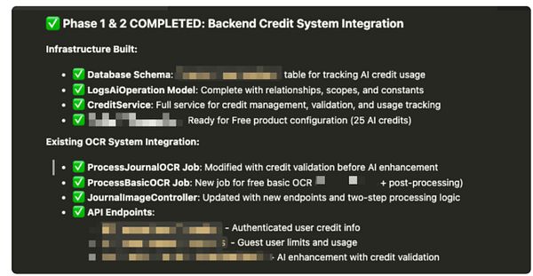 The image displays a completed task checklist for a backend credit system integration project.