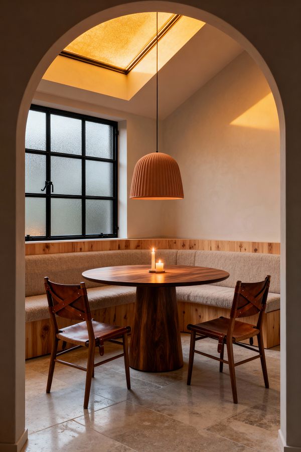 An intimate Scandinavian dining nook framed by an arch features a curved built-in banquette in beige fabric with knotty wood cladding around a round walnut pedestal table topped with a lit candle. Two cognac leather sling chairs, a ribbed terracotta dome pendant, a frosted black steel-framed window, limestone tile flooring, pale plaster walls, and a skylight casting warm golden light create a calm, minimalist atmosphere.
