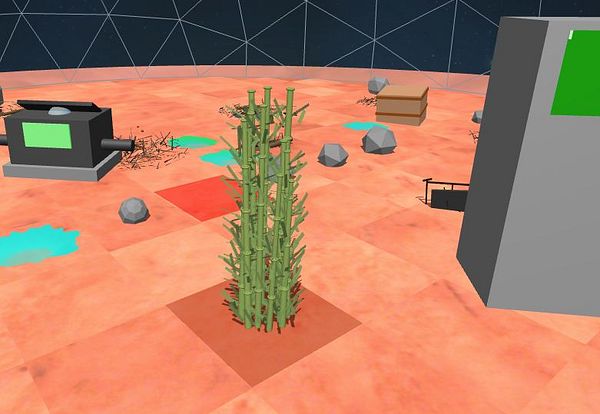 A virtual environment featuring bamboo and various objects on a textured surface.