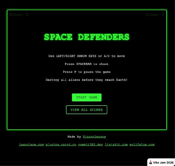 The image displays the main menu of the game 'Space Defenders'.