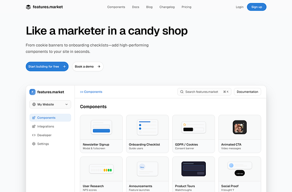 Mockup of a new homepage for FeatureMarket displayed on a laptop, featuring a clean, modern design with a central welcome message and logos of supported platforms.
