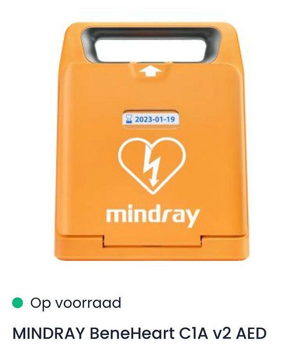 Image of an Automated External Defibrillator (AED) device with open lid showing buttons and display screen.
