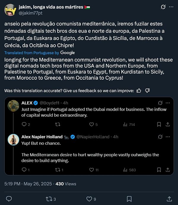 A tweet discussing a call for a Mediterranean communist revolution and responses to a previous tweet about Portugal's economic model.