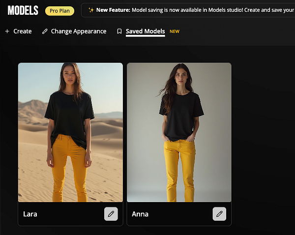 The image displays a user interface for a web app featuring saved models with two model images.