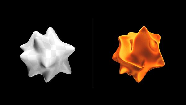 The image features two abstract 3D shapes displayed side by side against a black background.