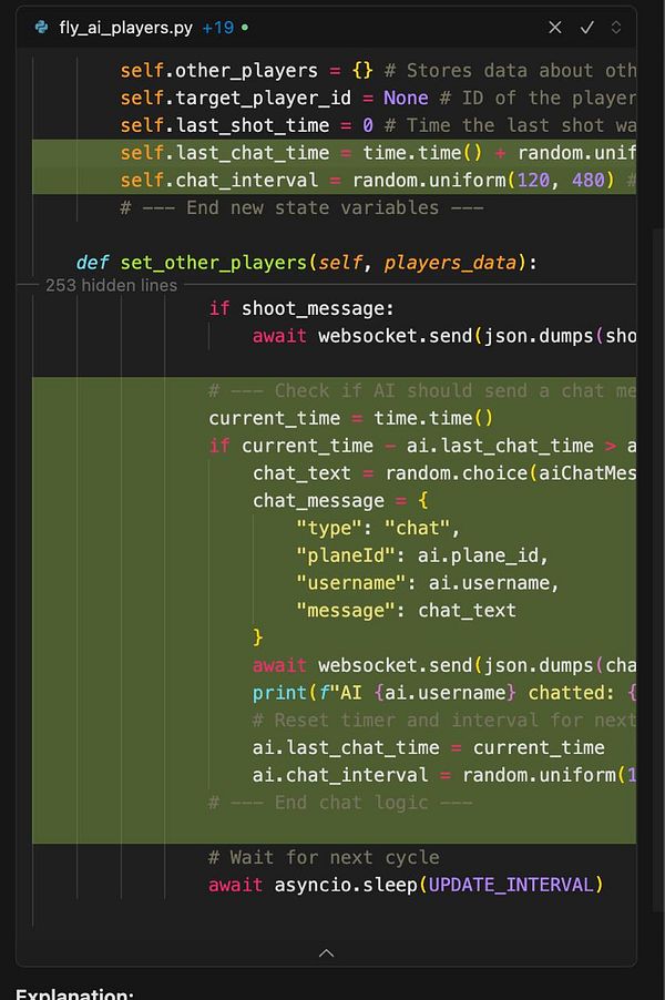 The image displays a code snippet from a Python file related to AI player chat functionality.