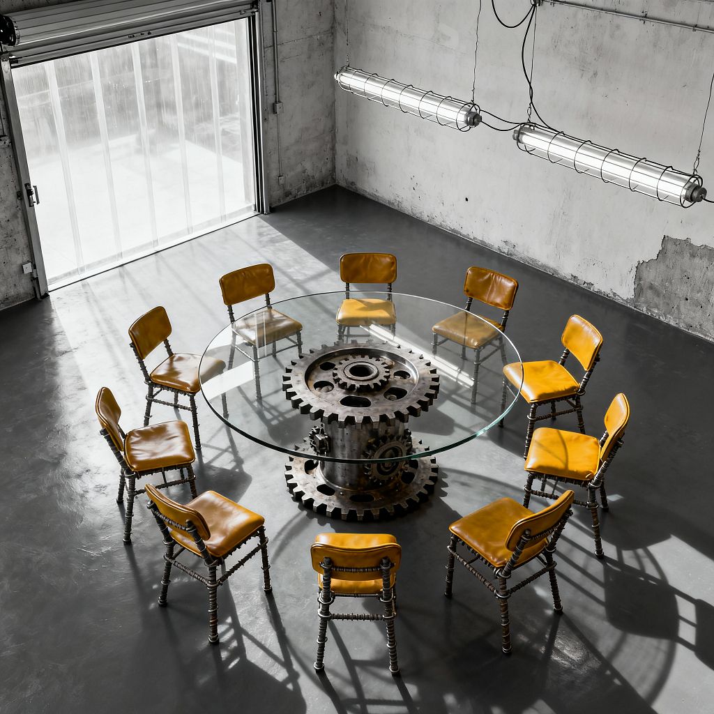 An industrial dining room features a circular glass table supported by stacked steel gears and a mechanical column, encircled by nine mustard-yellow leather chairs on metal frames. The space has polished gray concrete floors, distressed plaster walls with patches, a roll-up translucent garage door flooding daylight, and two linear wire-caged pendant lights suspended overhead.
