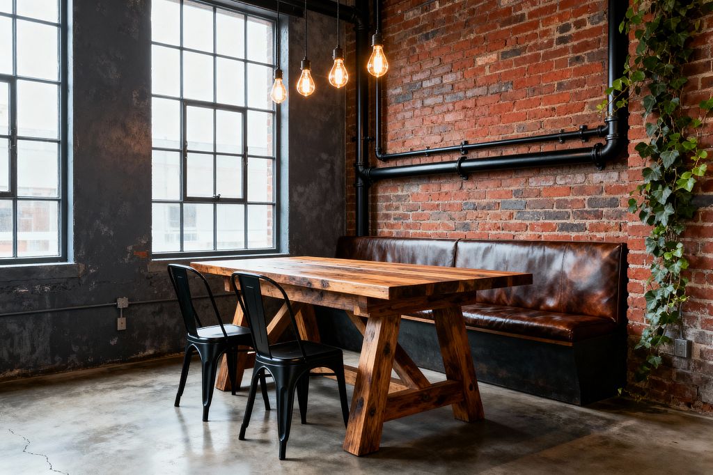 An industrial dining corner features a thick reclaimed-wood trestle table with two black metal chairs and a long bench upholstered in glossy cognac leather. The seating runs along an exposed red brick wall with visible matte-black pipework. Opposite, large factory-style windows in black frames brighten a distressed charcoal wall and a polished concrete floor. Four bare Edison bulbs hang above the table, casting warm light, while a trailing ivy plant softens the rough textures.