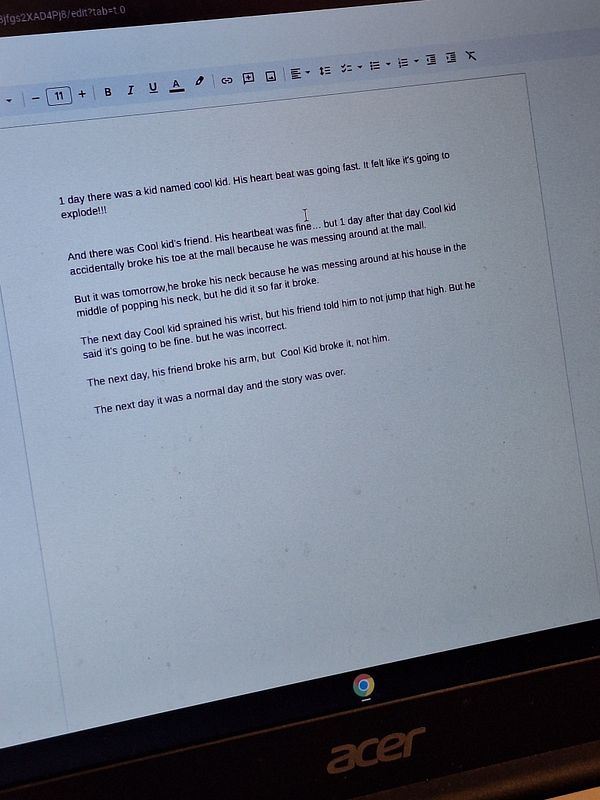 A child's story about a character named 'Cool Kid' is displayed on a Google Docs interface.
