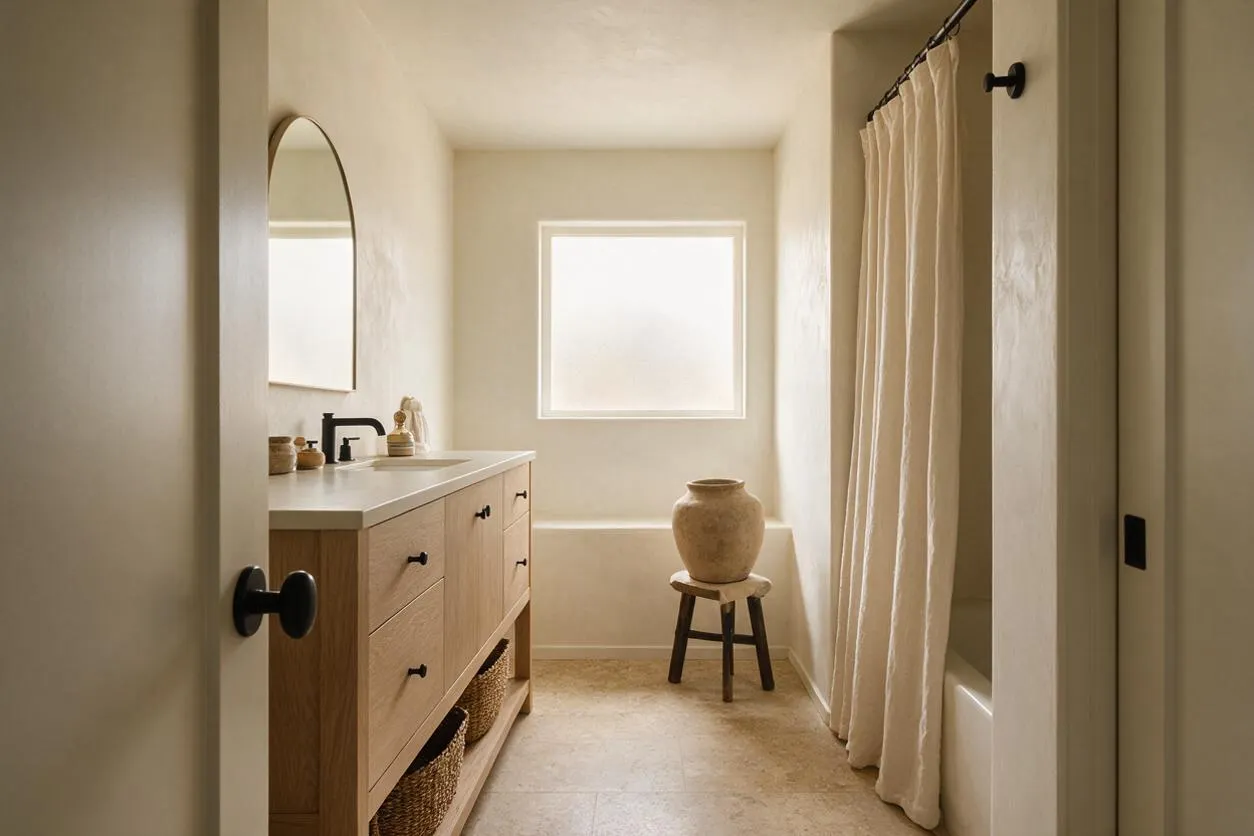 A serene master bathroom with a light wood vanity, white countertop, and matte black faucet and hardware. A frosted window, arched mirror, woven baskets, and a simple curtain create a soft organic modern feel, with a ceramic vessel on a small stool adding sculptural warmth.