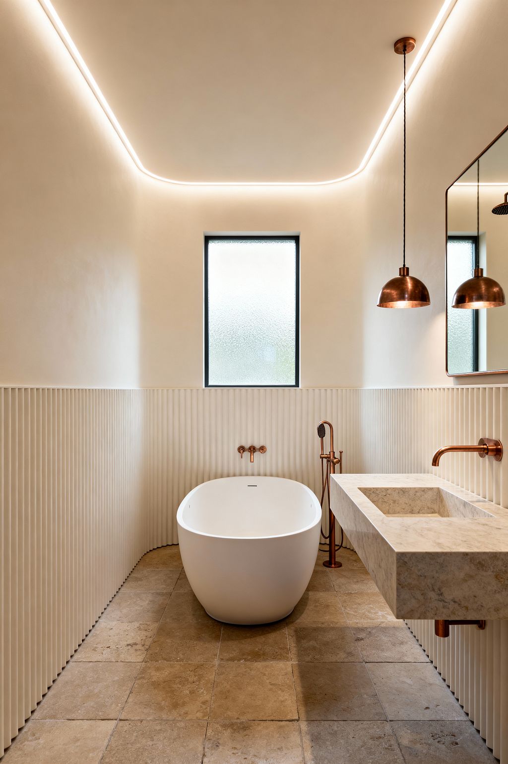 A narrow modern bathroom features a matte white freestanding tub centered against ribbed off-white wainscoting and smooth plaster walls. At right, a floating honed stone vanity with an integrated rectangular sink pairs with a wall-mounted copper faucet, matching a copper tub filler, handheld shower, and two dome pendants; warm travertine tiles cover the floor, a slim frosted window provides privacy, and concealed LED cove lighting traces the ceiling for a soft glow.