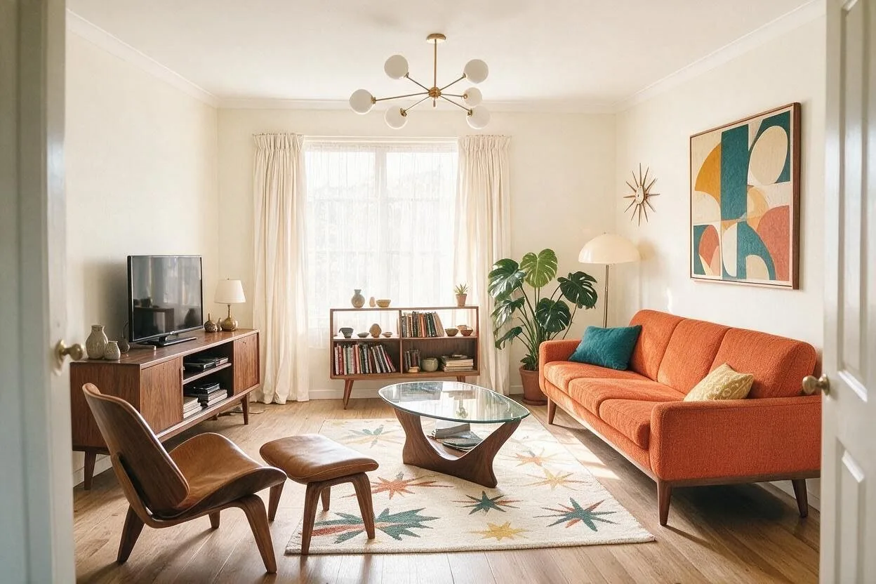 The same Mid-Century Modern living room in the Burnt Orange and Teal palette: putty, burnt orange, walnut, teal, and cream