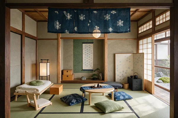 A serene Japanese Zen-style nursery with tatami mat flooring, low wooden furniture, floor cushions, and soft natural light. Shoji screens, a paper lantern, indigo fabric drapery, and neutral wood tones create a peaceful, minimalist atmosphere.