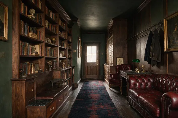 A narrow Dark Academia entryway with dark green walls, floor-to-ceiling wooden bookshelves on the left, and built-in cabinetry and coat hooks on the right. Burgundy leather chairs and a tufted sofa, a patterned runner, framed art, and a glass-paned door create a moody, scholarly atmosphere.