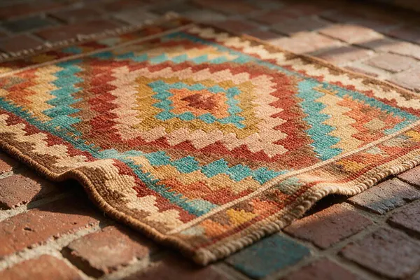 A close-up of a Southwestern-style rug with a multicolor geometric diamond pattern in turquoise, rust, tan, and gold, lying on a weathered brick floor. The textured woven surface and fringed edge emphasize its handcrafted look and earthy warmth.
