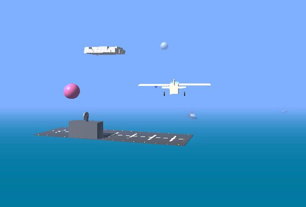 A digital rendering of a flight deck with a plane approaching for landing over a blue ocean.