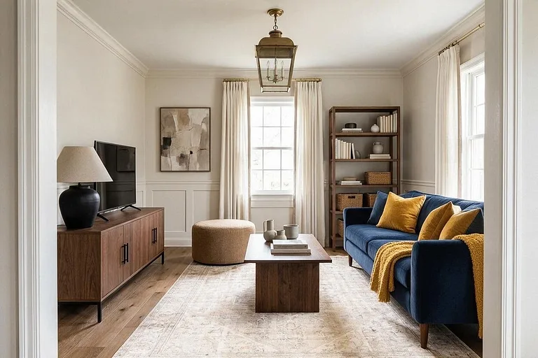 A Transitional living room in the Greige and Navy palette: greige, navy, ivory, walnut, and ochre