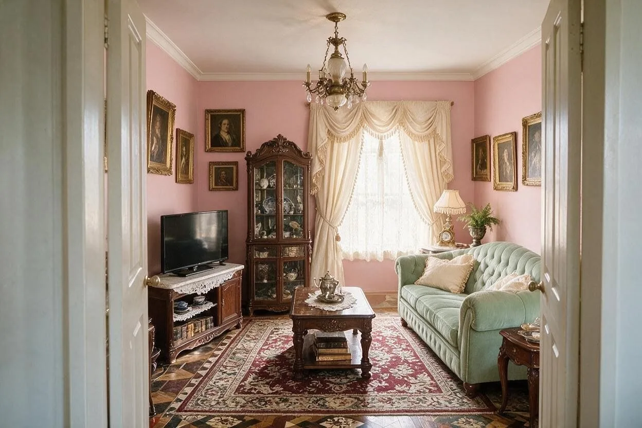 The same Victorian living room in the Faded Rose palette: dusty rose, sage, walnut, cream, and old brass