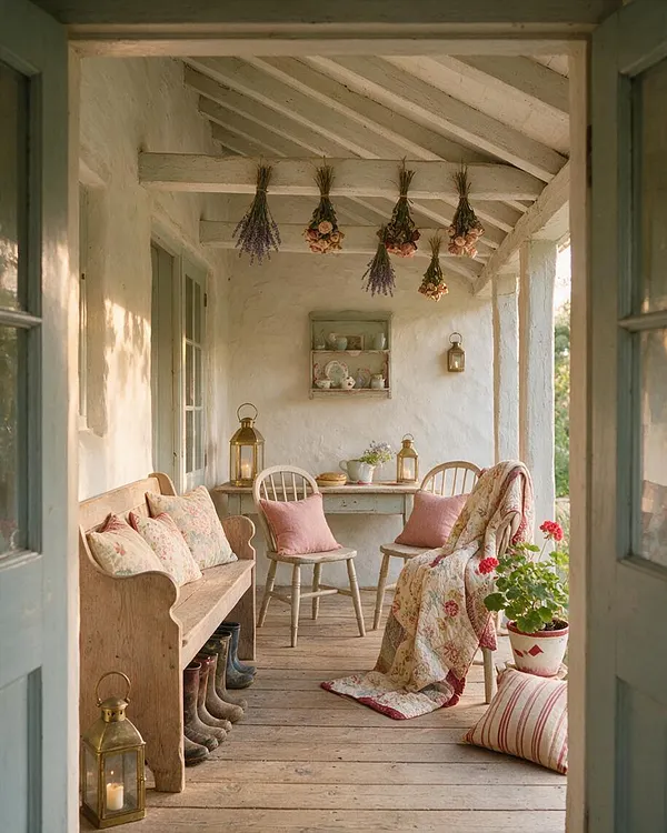 A cozy cottagecore front porch with whitewashed walls and exposed painted beams, styled with a wooden bench, spindle-back chairs, floral cushions, and a quilt draped over a chair. Brass lanterns, hanging dried flowers, a small shelf of dishes, and potted geraniums add a nostalgic, handmade feel.