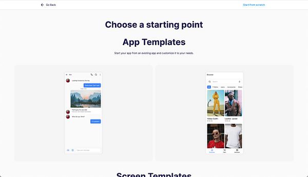 The image displays a user interface for selecting app templates with two distinct sections for messaging and product discovery.