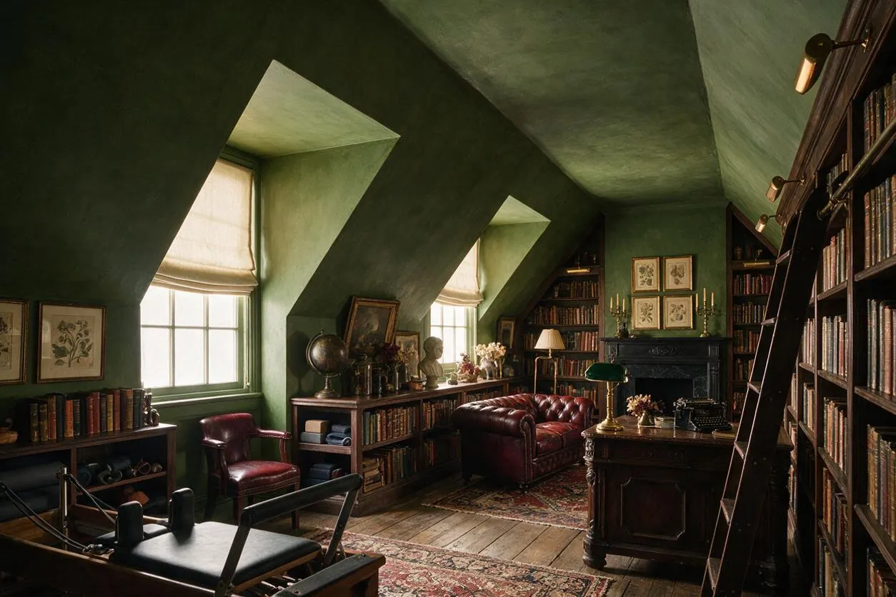 A moody attic-style room combines a home gym with a scholarly dark academia library aesthetic. Green sloped walls frame tall windows with Roman shades, while dark wood bookshelves, leather seating, a fireplace, rugs, and vintage decor surround a Pilates-style reformer in the foreground.
