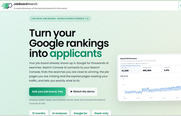 Landing page of JobBoardSearch promoting Search Console AI to turn Google rankings into job applicants with service details and call-to-action buttons.