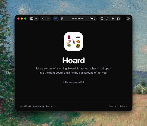Landing page for Hoard Camera showcasing an interactive 3D camera model with a dark theme and navigation menu.