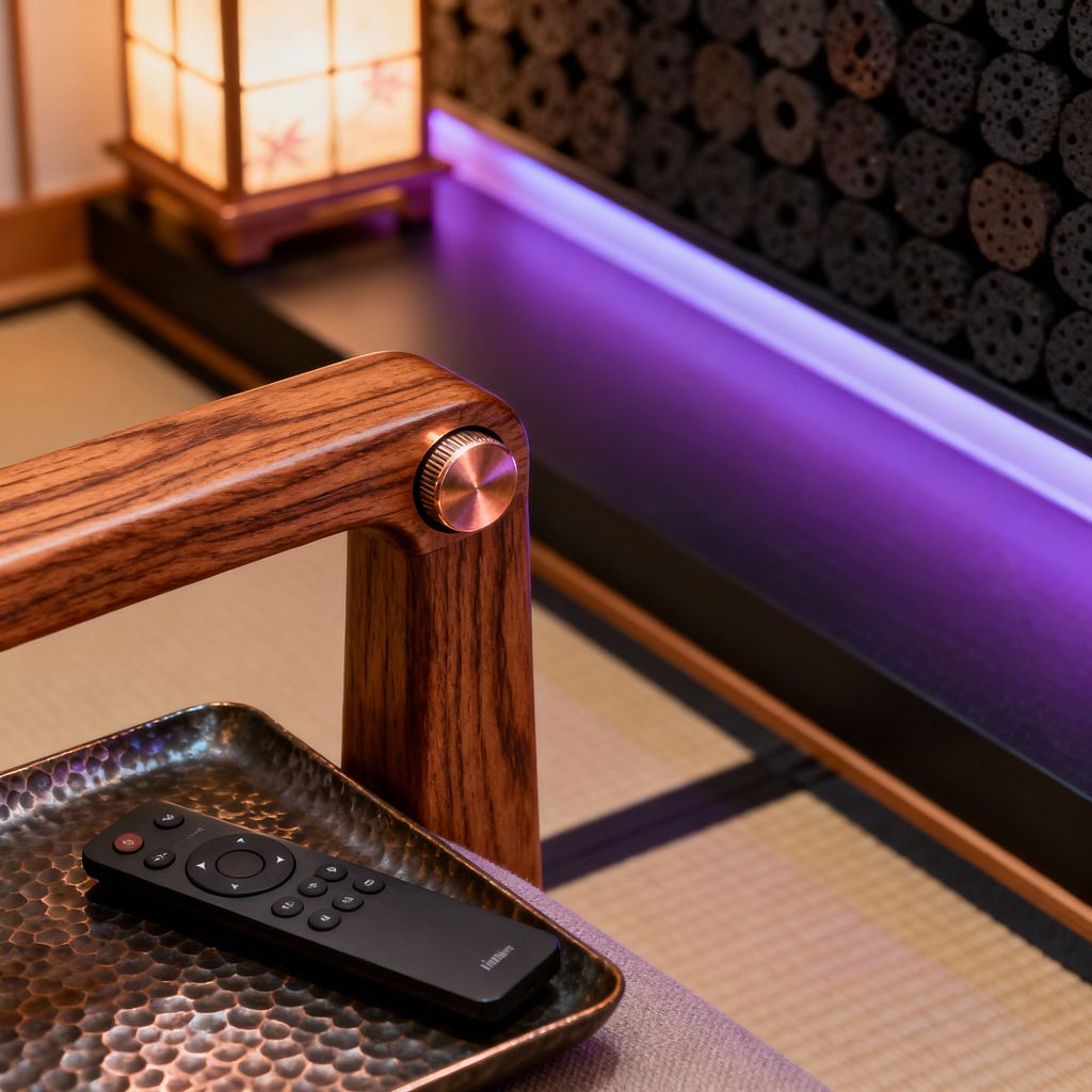 A close-up of a Japanese-inspired media room shows a tatami floor with black borders, a low black platform, and a softly glowing shoji lantern. In the foreground, a chair with a richly grained wood arm and a brushed copper knob sits beside a hammered bronze tray holding a black remote, while a textured black wall panel with circular patterns is backlit by a subtle purple LED strip, blending warm amber and cool tones in a minimal composition.