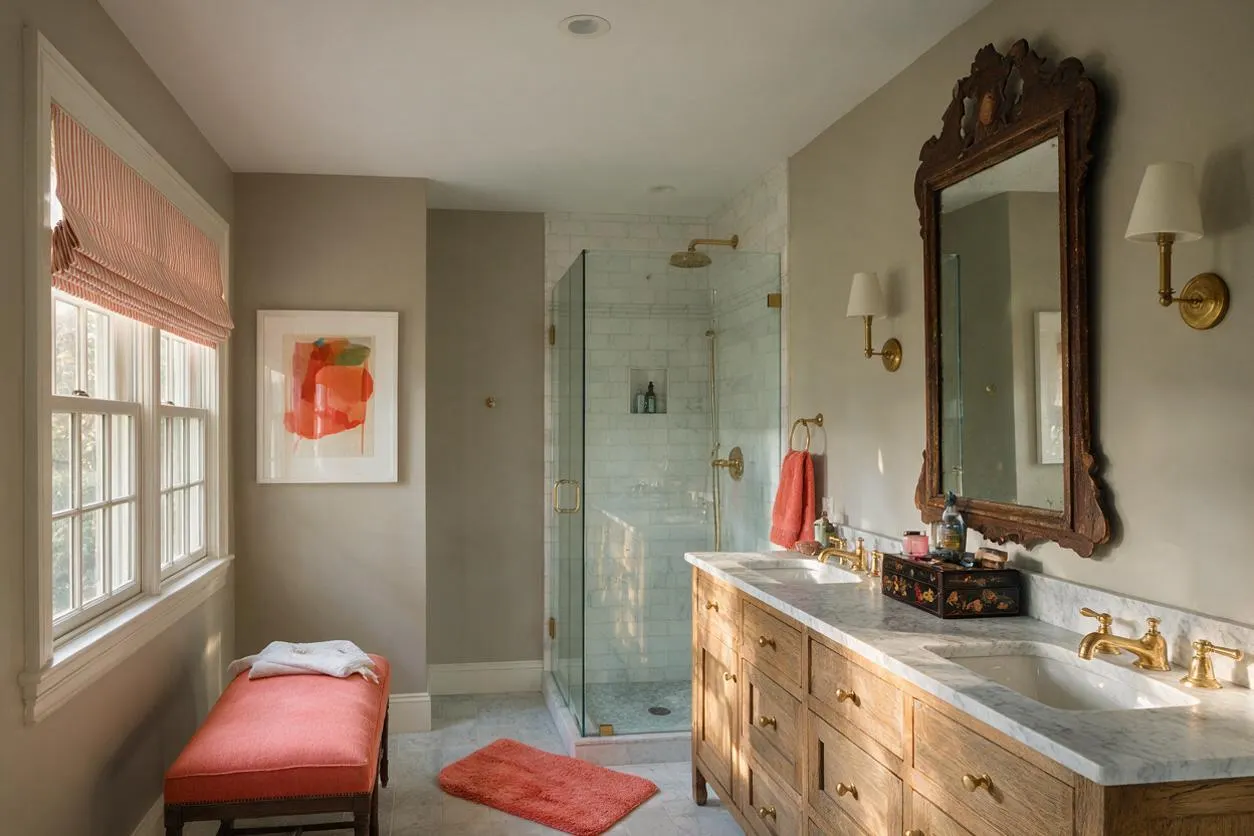 A master bathroom with a double wood vanity, marble countertop, and brass fixtures beneath an ornate dark wood mirror. A glass shower with white tile sits at the back, while a coral upholstered bench, matching bath mat, and pink window shade add color beside large windows.