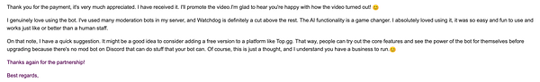 A detailed email expressing gratitude and feedback regarding a bot service.