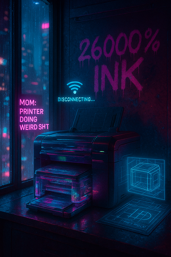 A futuristic printer is depicted in a dimly lit room, surrounded by neon text and digital elements highlighting connectivity issues and high ink profit margins.