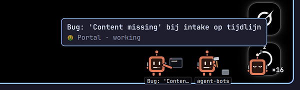 Three small robot icons at the bottom right of a screen, depicting different states such as working, hammering, and sleeping, with a tooltip showing a bug report.