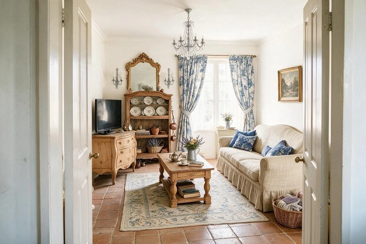 The same French Country living room in the Toile Blue palette: white, linen, old pine, toile blue, and pewter
