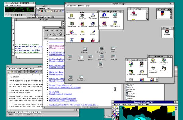 The image displays a retro computer desktop environment featuring multiple open windows and applications.