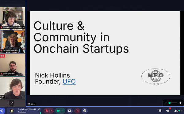 A virtual meeting presentation featuring Nick Hollins discussing onchain startups.