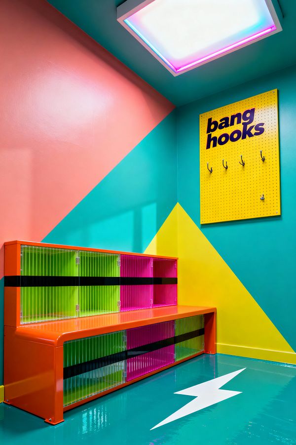 A compact mudroom in bold Pop Art colors features turquoise and coral walls with a lemon-yellow triangle and a glossy teal floor marked by a white lightning-bolt graphic. An orange powder-coated bench contains two rows of cubbies with ribbed translucent acrylic doors tinted lime green and magenta; a yellow perforated pegboard with metal hooks and the words “bang hooks” hangs on the wall, and a square ceiling light glows with pink and blue LED edges.