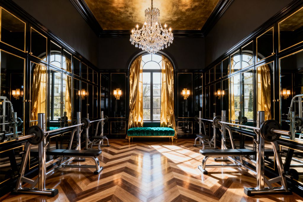 An opulent home gym with black lacquered, mirror-paneled walls and gold trim features two symmetrical weight benches in polished chrome facing a central arched window. A crystal chandelier hangs from a gold leaf ceiling above a chevron wood floor; gold satin drapes flank the window and a tufted emerald bench sits below, with brass sconces adding warm light for a glamorous Hollywood Regency workout space.