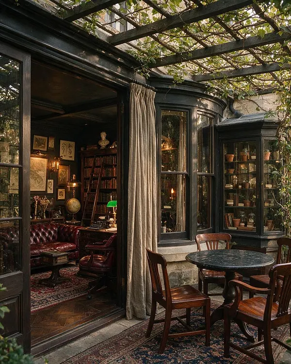 A dark academia patio with black-framed glass doors opening into a dim, book-filled study. Outside, a round black table with wooden chairs sits on patterned rugs beneath a vine-covered pergola, with warm lamplight, glass display cabinets, and rich burgundy leather seating inside.