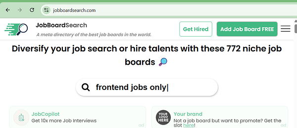 Screenshot of a job board listing multiple web developer job openings with details and filters on the left sidebar.