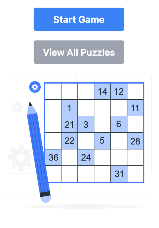 The image features a puzzle interface with a grid and action buttons for starting a game and viewing puzzles.