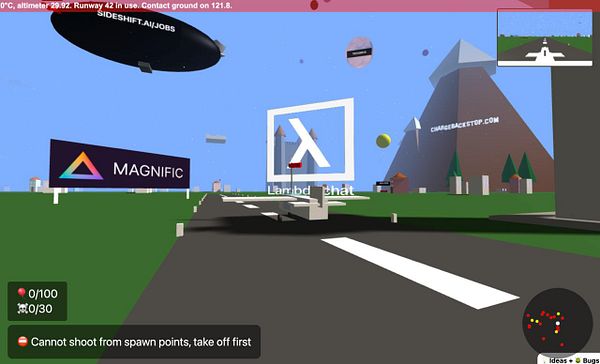 A virtual landscape featuring a runway, billboards, and a mountainous backdrop.