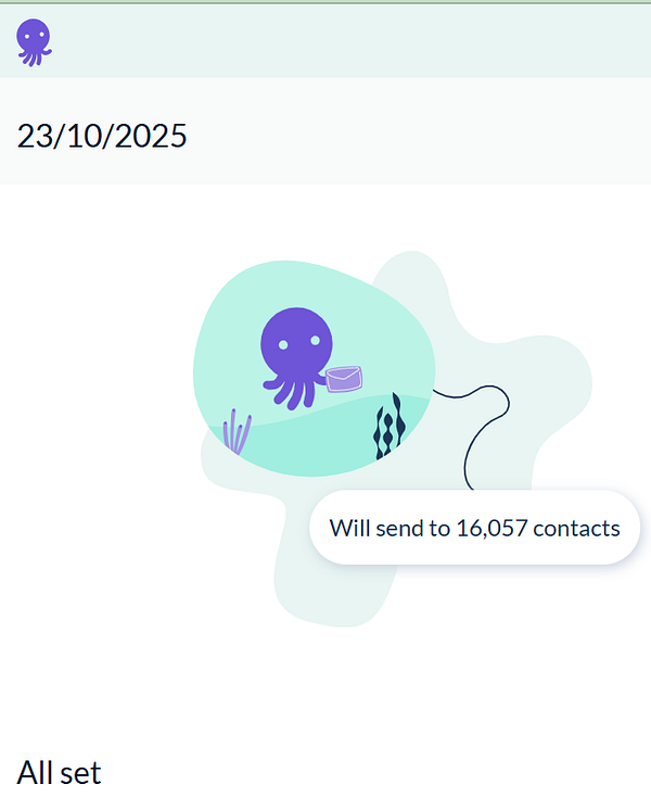 A whimsical illustration featuring an octopus preparing to send a newsletter to a large number of contacts.