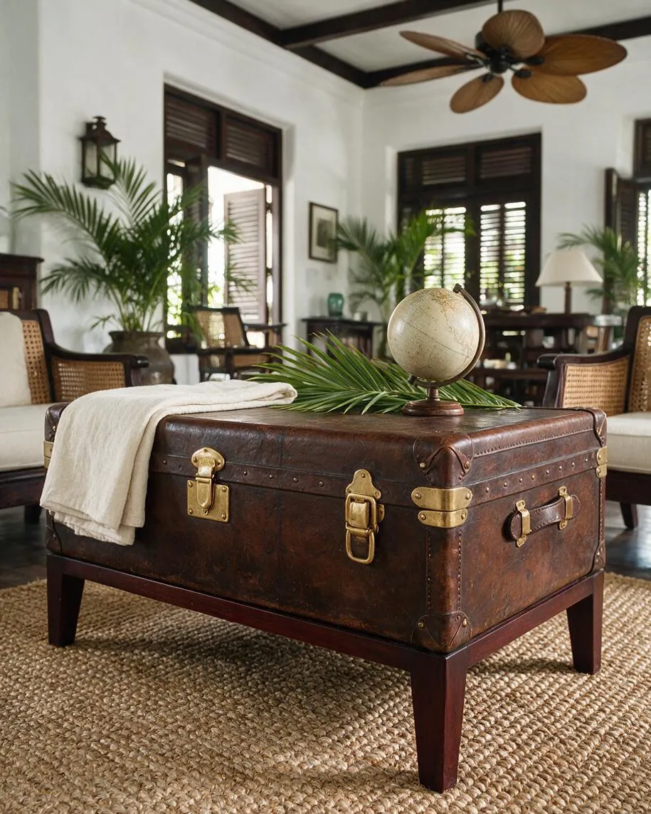 A tropical-inspired living room features a vintage leather trunk repurposed as a coffee table, set on a woven jute rug. The room includes cane-backed armchairs, lush potted palms, dark wood shutters, and a ceiling fan with palm-leaf blades, creating a warm resort-like atmosphere.