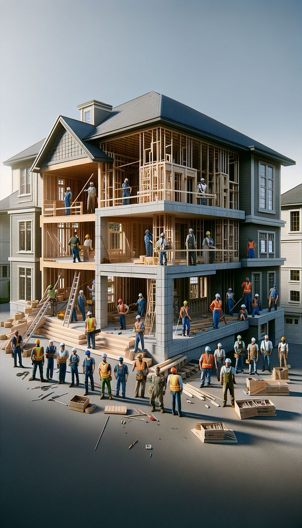 a team of construction workers building a residential home, showing both the exterior structure and interior rooms in progress