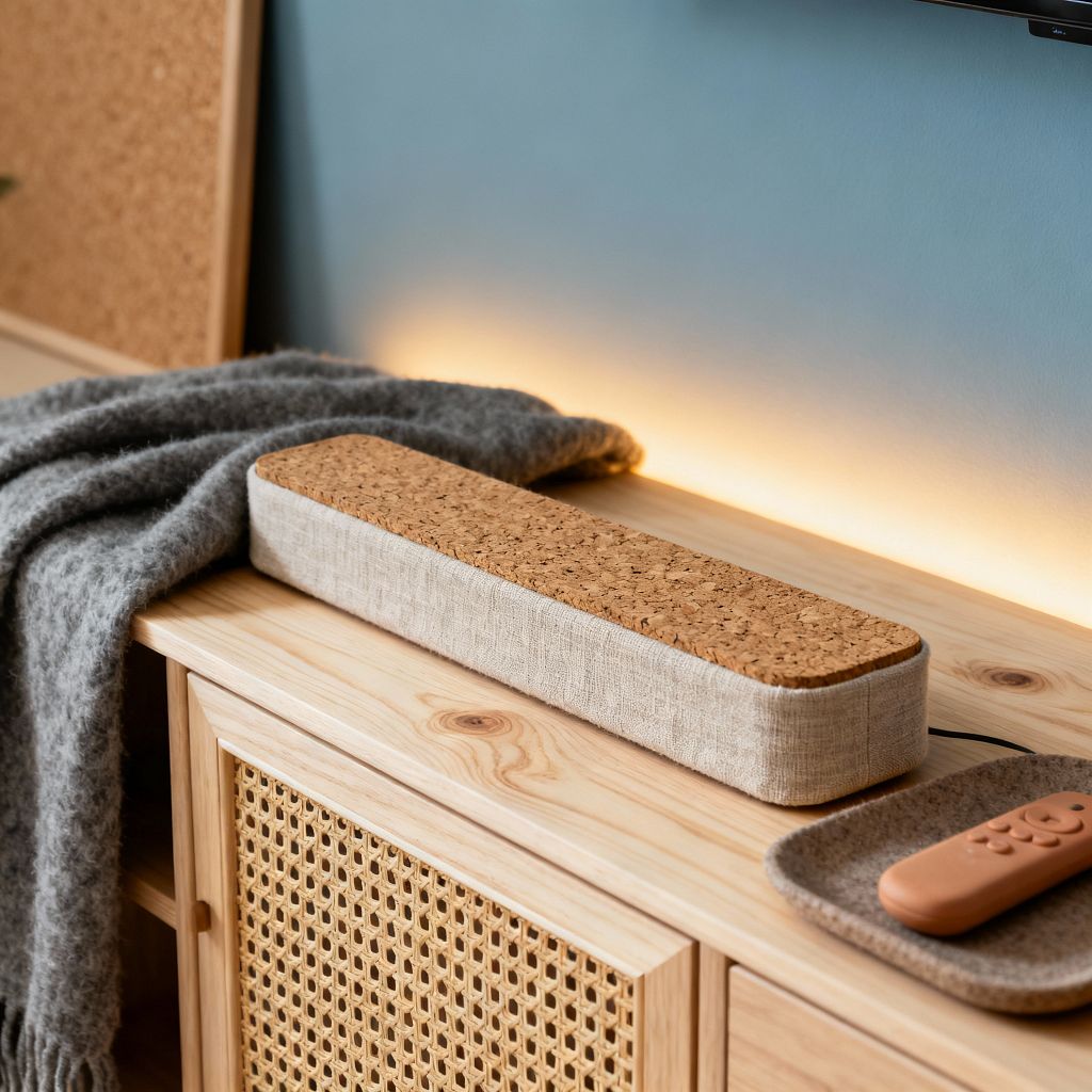 A close-up of a Scandinavian media console in light pine with cane rattan doors. On the surface are a linen-covered soundbar with a cork top and a gray felt tray holding a terracotta-colored remote. A chunky gray wool throw drapes over the edge. Warm LED strip lighting glows against a muted blue wall beneath a wall-mounted TV, and a corkboard panel is partially visible to the side. The composition is minimal, textural, and cozy.