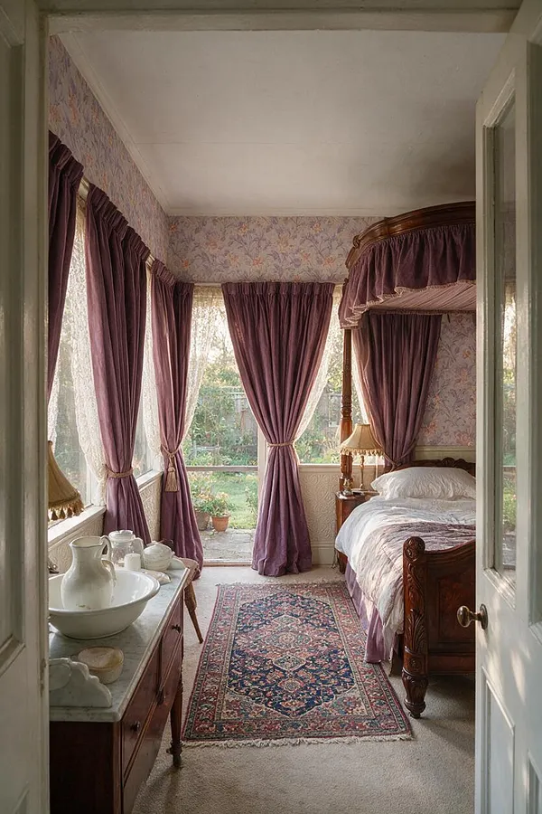 A narrow Victorian-style bedroom or sleeping porch opens directly to a backyard through tall windows and a central door. The space features mauve velvet curtains, floral wallpaper, a carved wooden bed with a canopy, a patterned Persian-style rug, and a marble-topped dresser with white ceramic pitchers.